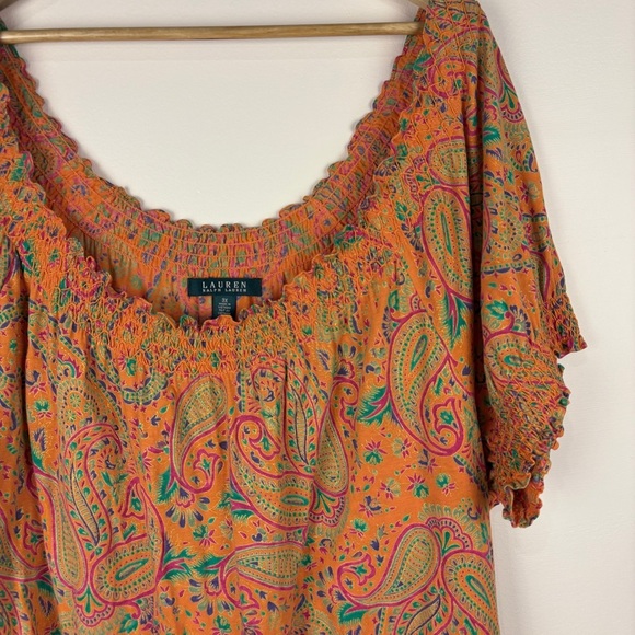 Ralph Lauren Orange Paisley Off Shoulder Boho Peasant Blouse - Picture 2 of 7